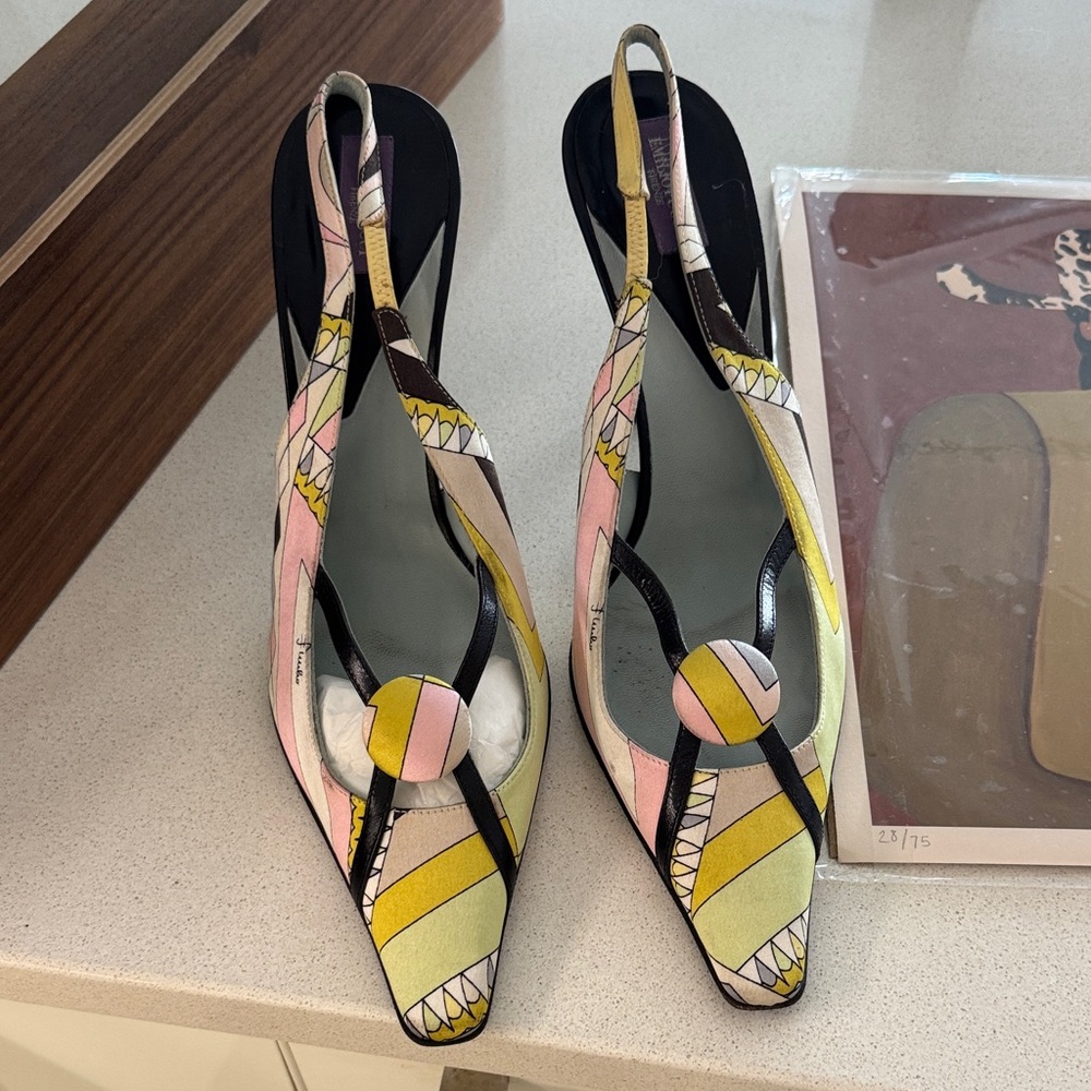 Emilio Pucci Multicolor Patterned Slingback Heels - Pink Yellow Green Black